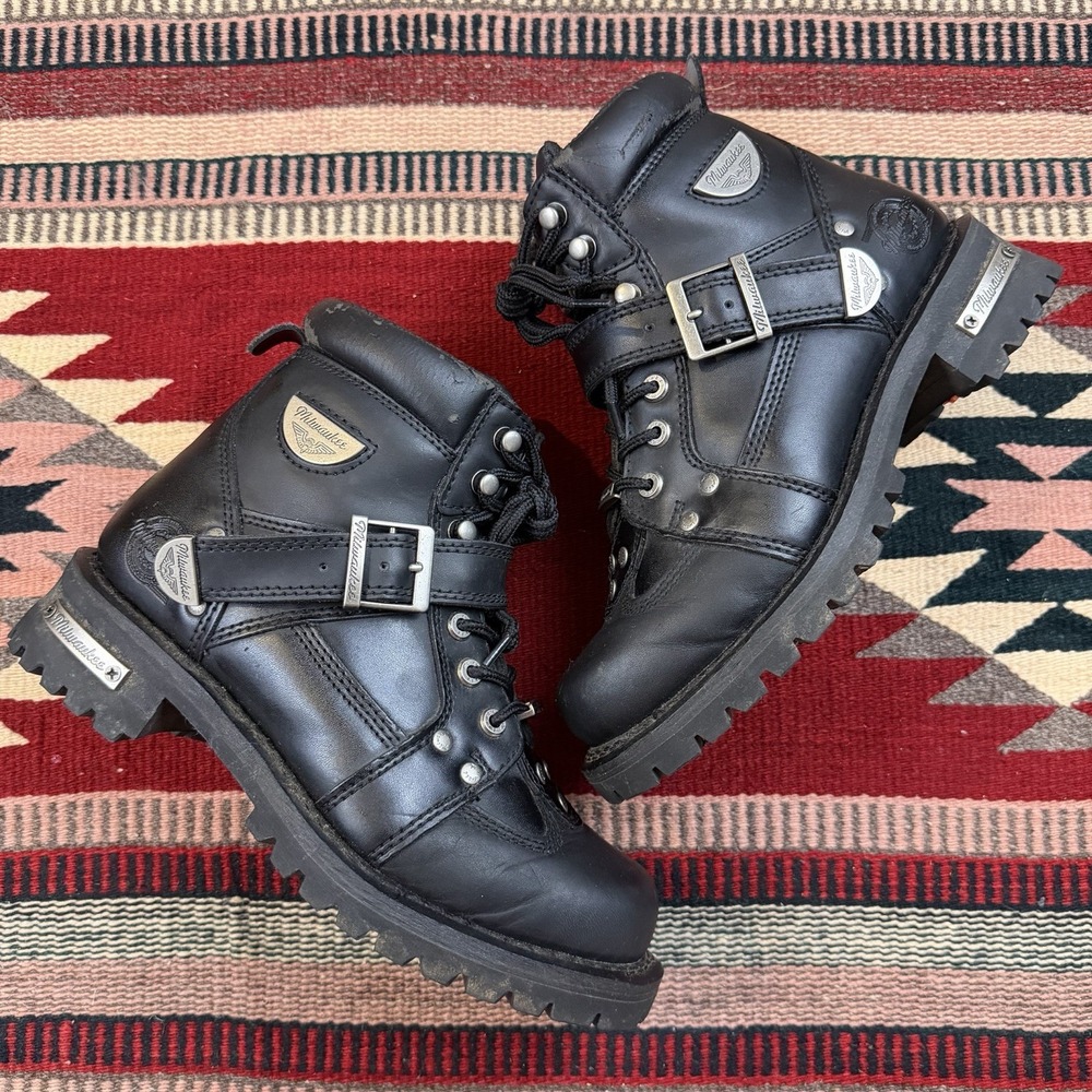 Milwaukee MB233 Biker Boots Sz 9C Wide Black Leather Lace Up Zip Motorcycle Punk